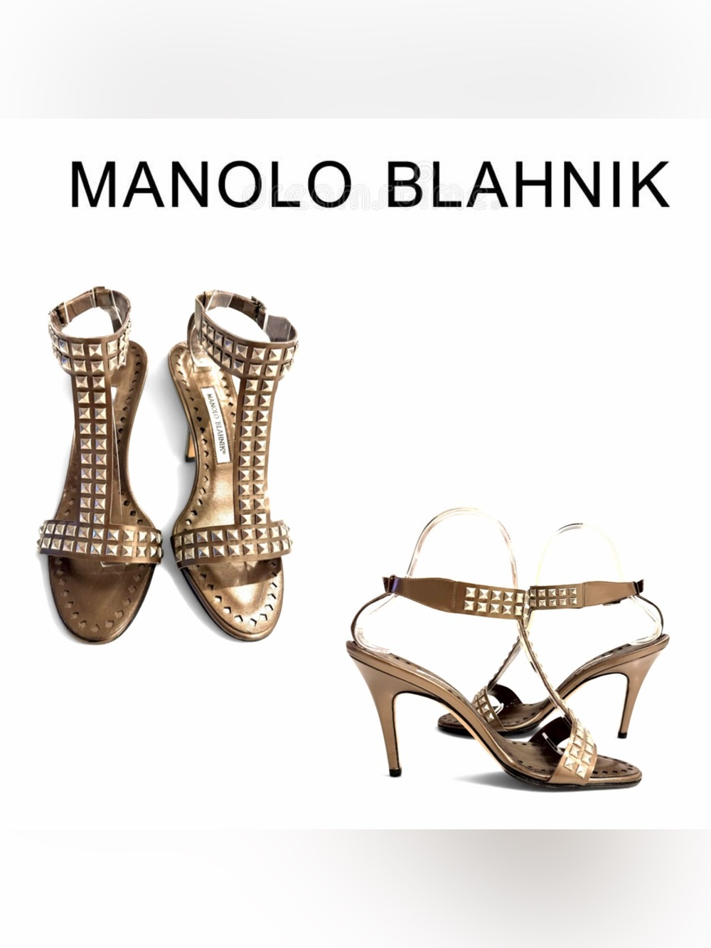 Manolo Blahnik iconic studs bronze T-Strap Heels